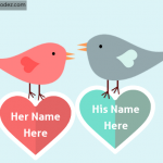 Write your and your lover name on heart. Love birds holding hearts with your and your lover name