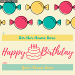 Write name on Happy Birthday Kids Greeting Card candy birthday wish photo for kids