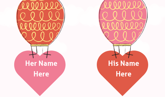 Write name on hot air balloon hold hearts