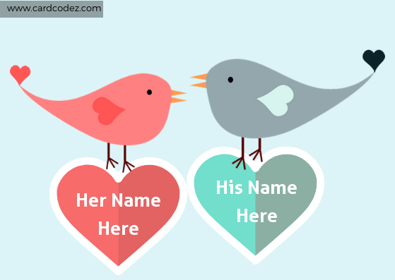 Write your and your lover name on heart. Love birds holding hearts with your and your lover name