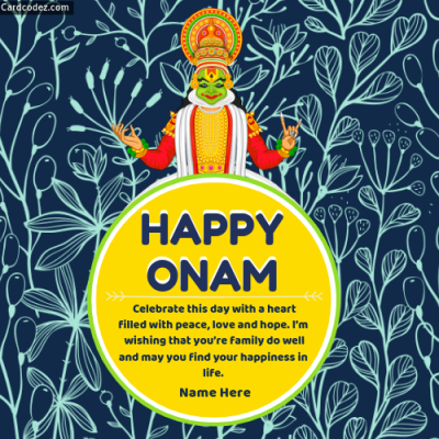 Write Name on Onam Wishes Greeting Card in English Photo Card for whatsapp